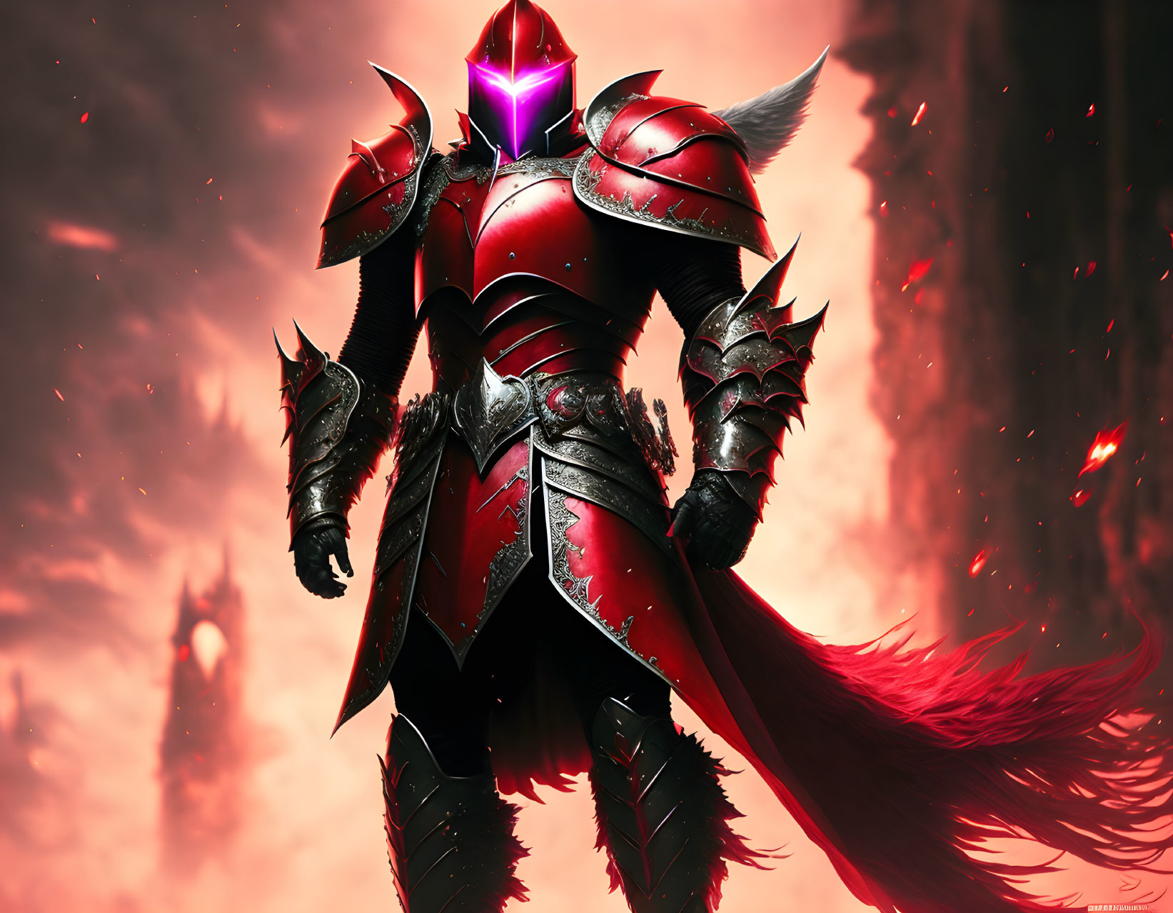 Armored figure with glowing purple visor in crimson red armor.