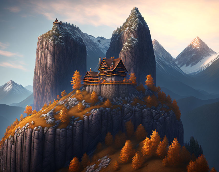 Traditional wooden house on cliff in autumn landscape