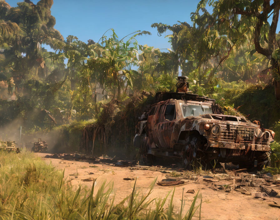 Military vehicles in a sunlit jungle path kicking up dust