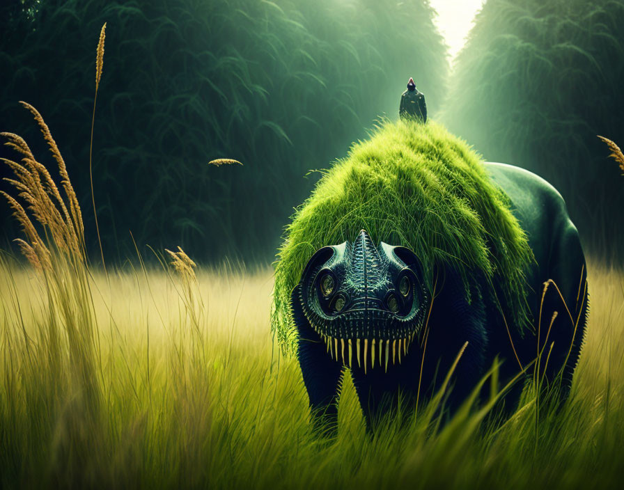 Person riding grass-covered beetle creature in lush field with mystical forest backdrop