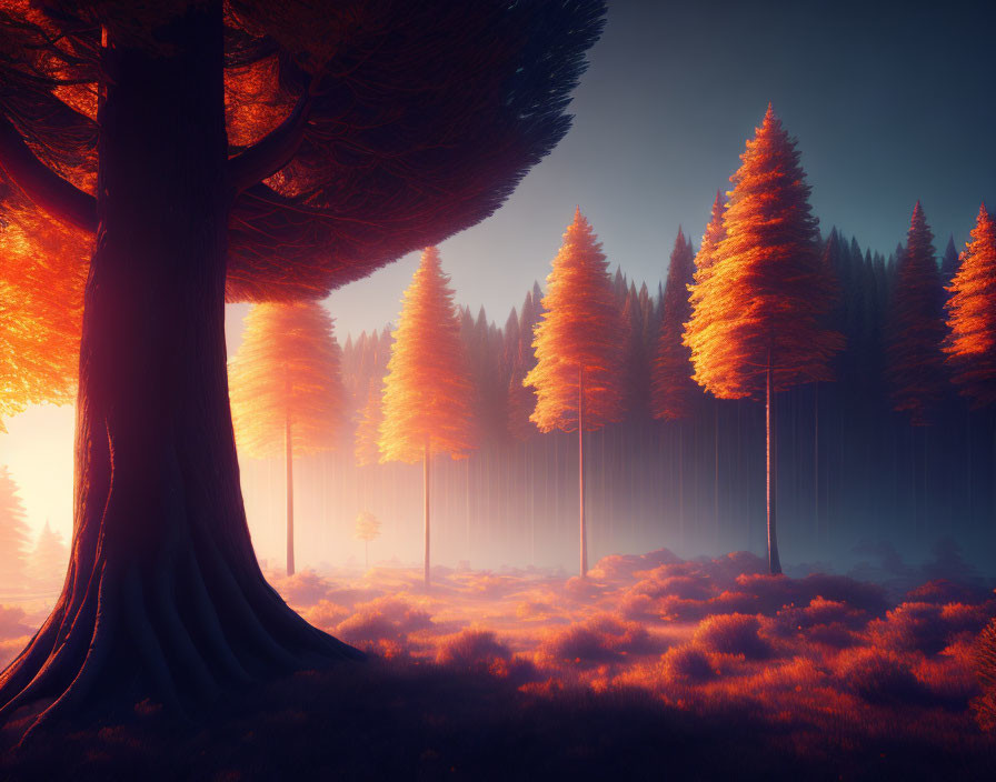 Fiery orange foliage in dreamy forest under mystical fog