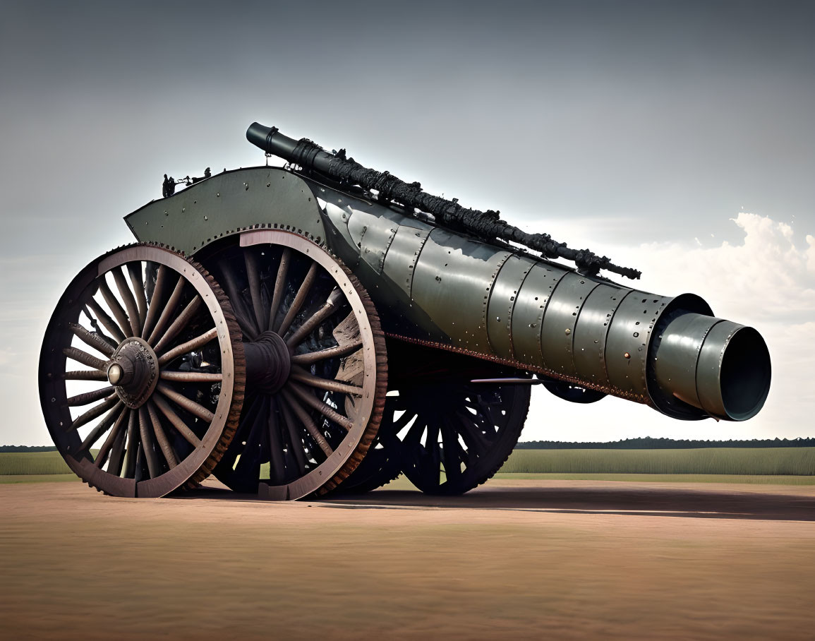 Antique Cannon on Large Wooden Wheels Against Clear Sky