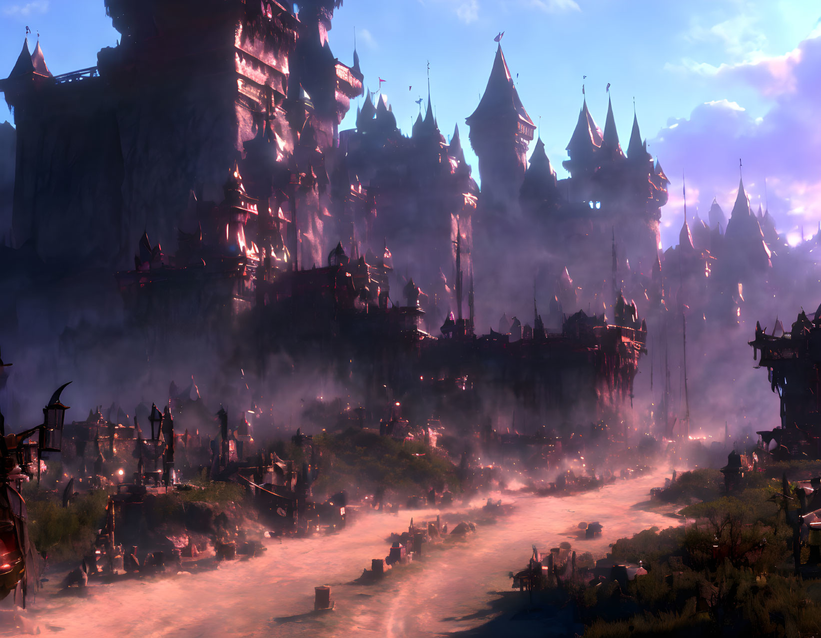 Fantasy cityscape at dusk with towering spires and castle-like structures