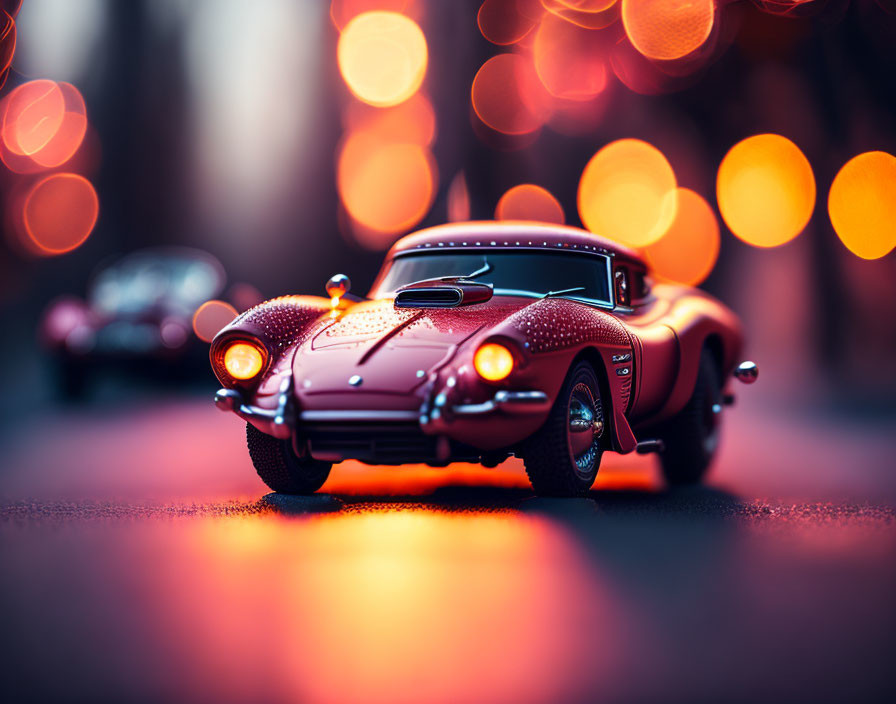 Red Toy Sports Car Replica with City Lights Bokeh Display