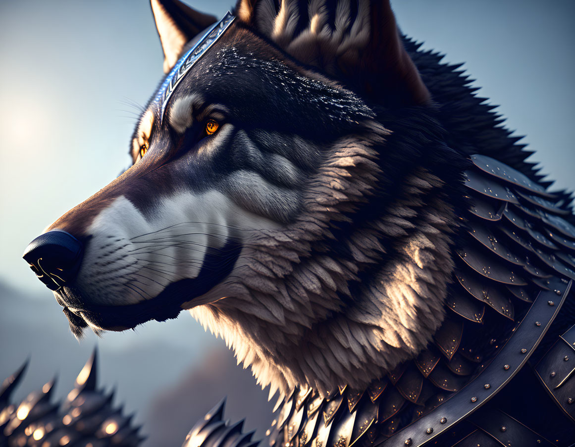 Detailed Digital Artwork: Wolf with Intense Gaze in Fantasy Armor