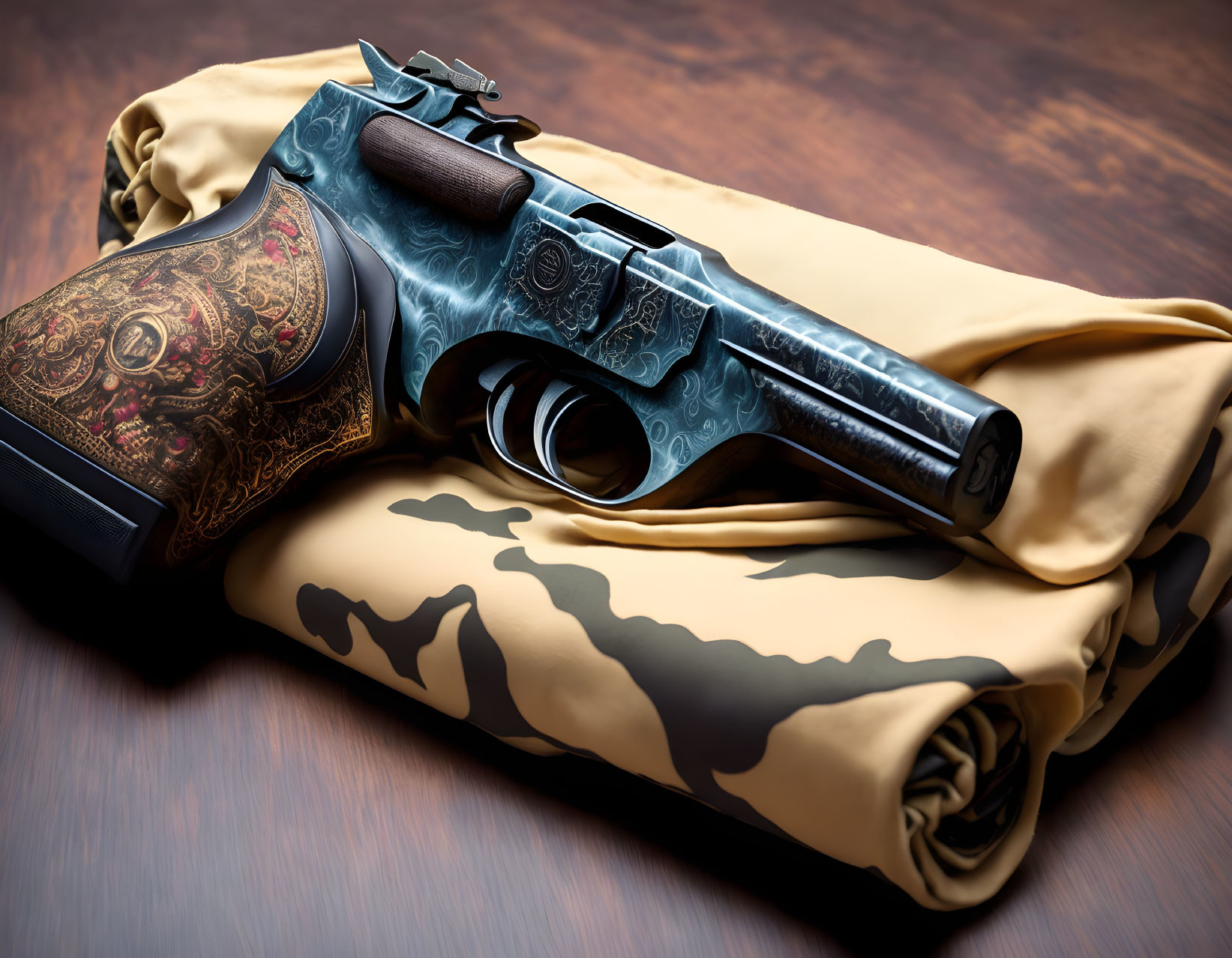 Engraved handgun with wooden grip on camo fabric and wood surface