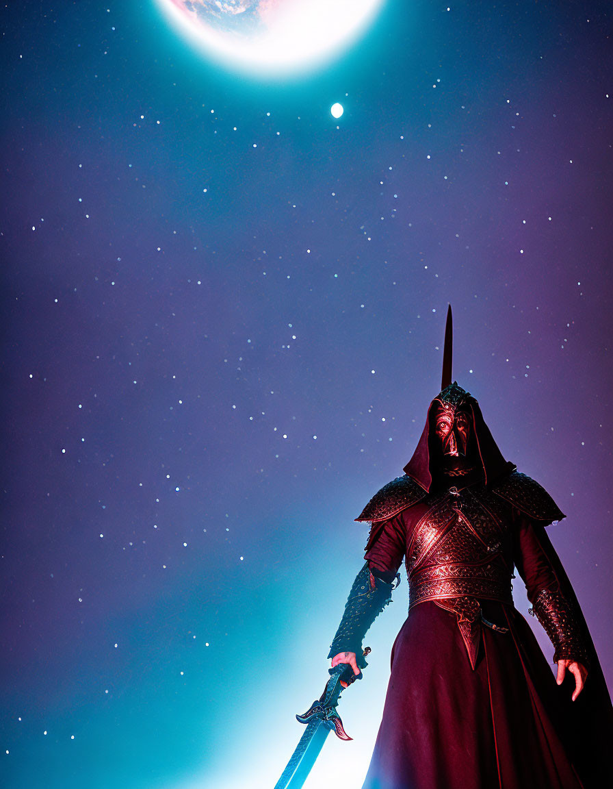 Cloaked figure with helmet and sword under starry sky with bright moon