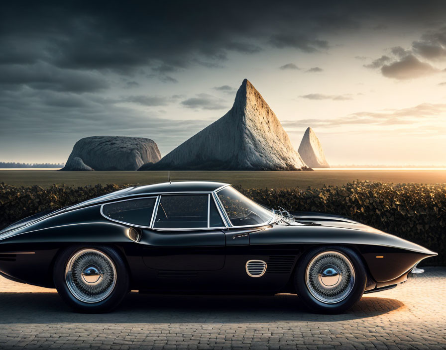 Vintage black sports car against mountain sunset.