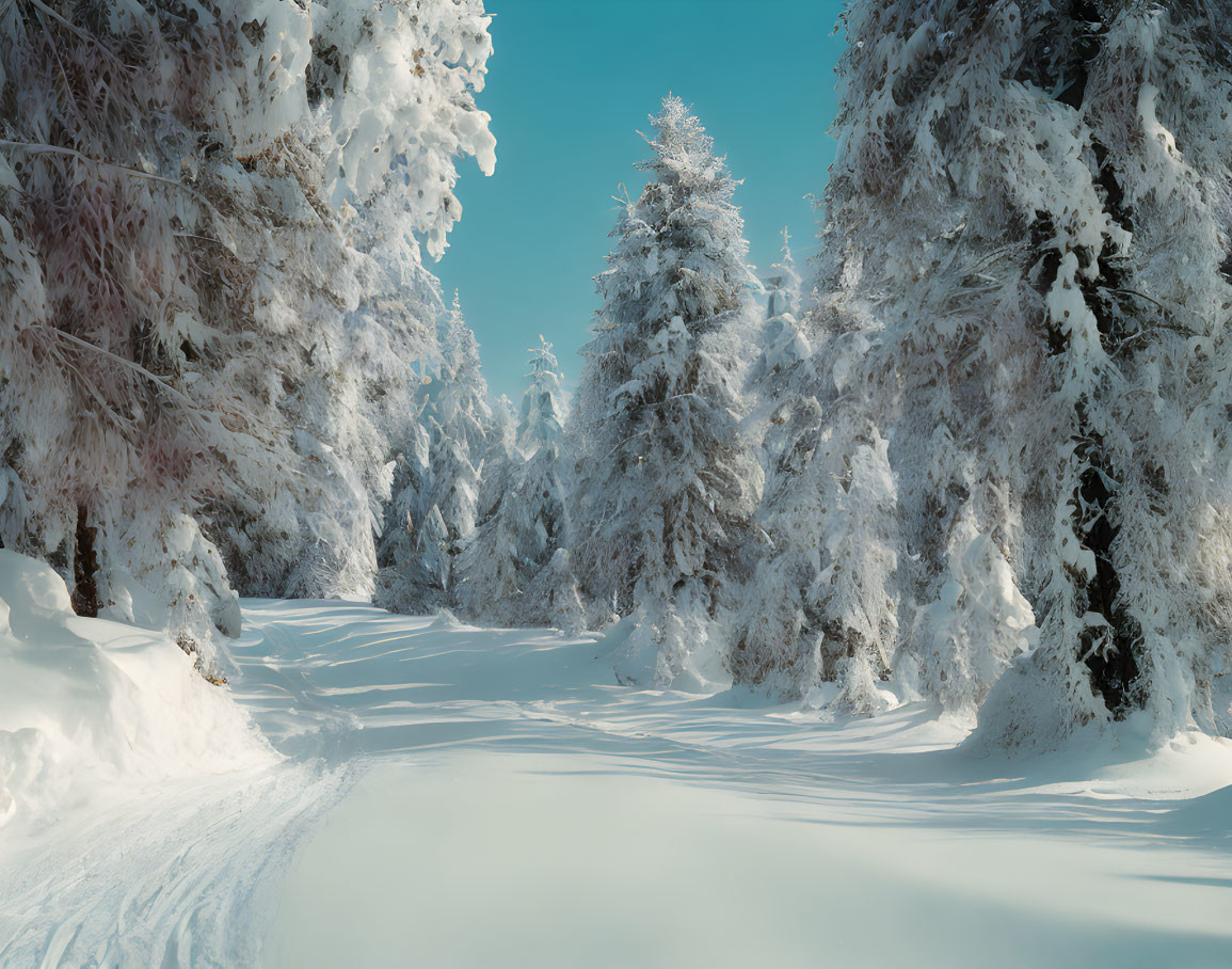 Snow-covered coniferous trees in serene winter scene