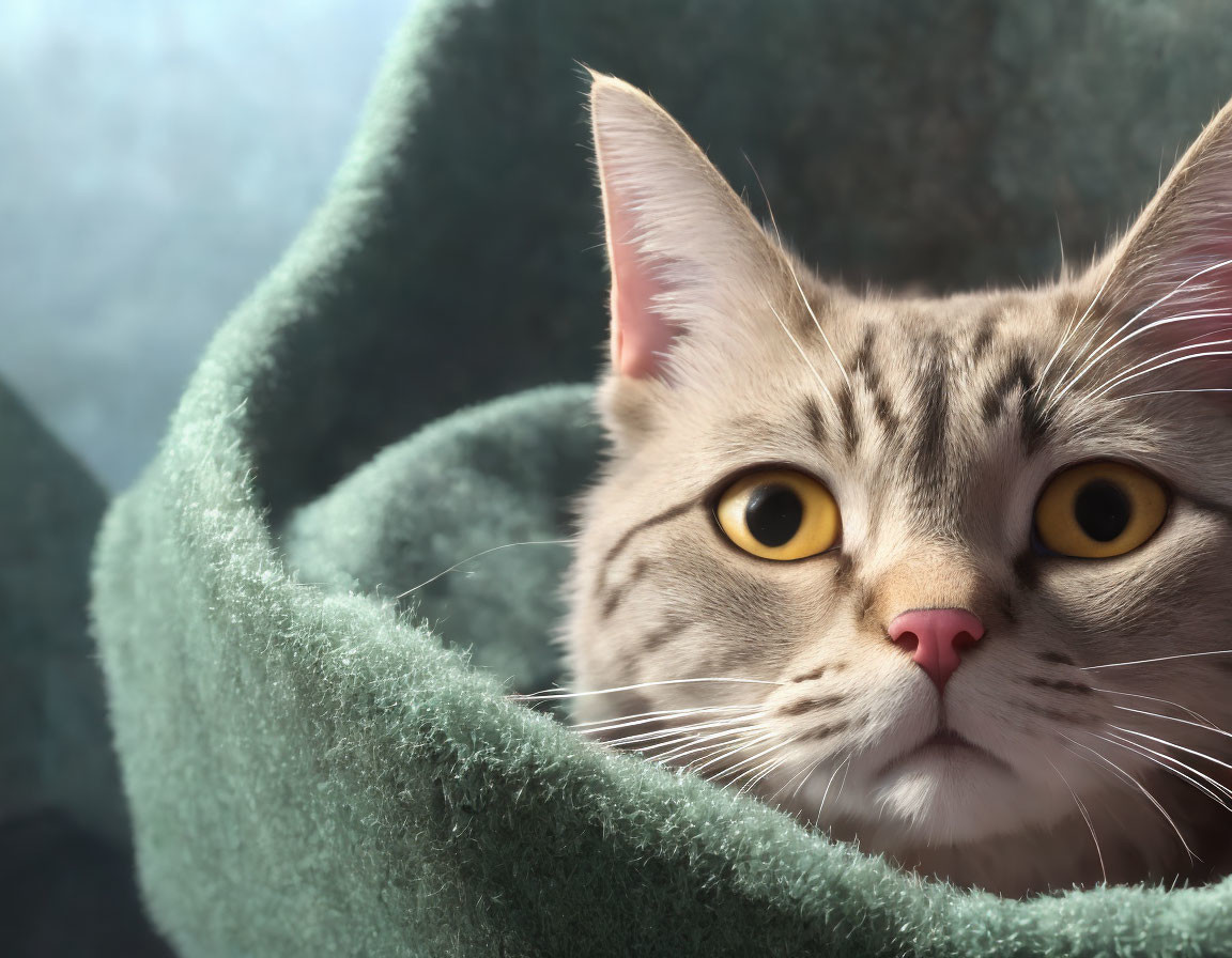 Curious tabby cat with yellow eyes and pink nose on green blanket