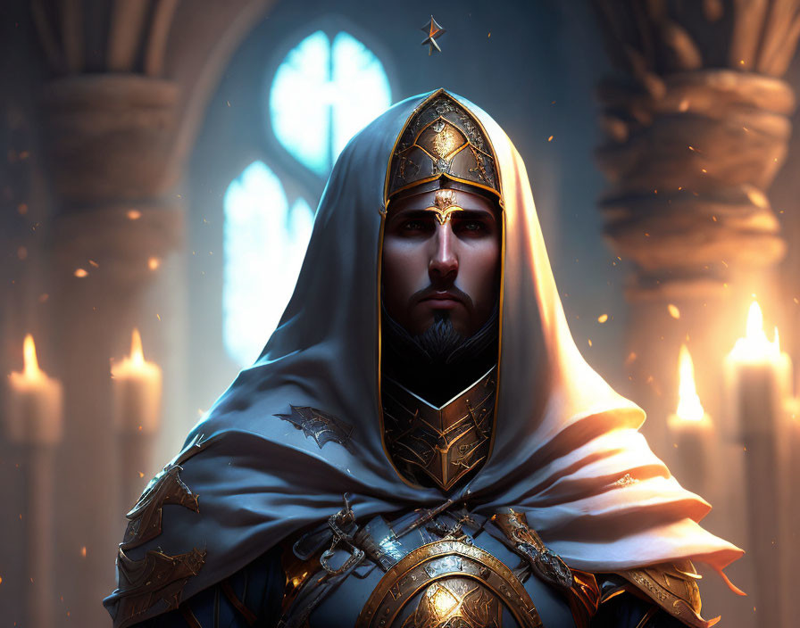 Regal figure in golden helmet and armor in candlelit cathedral