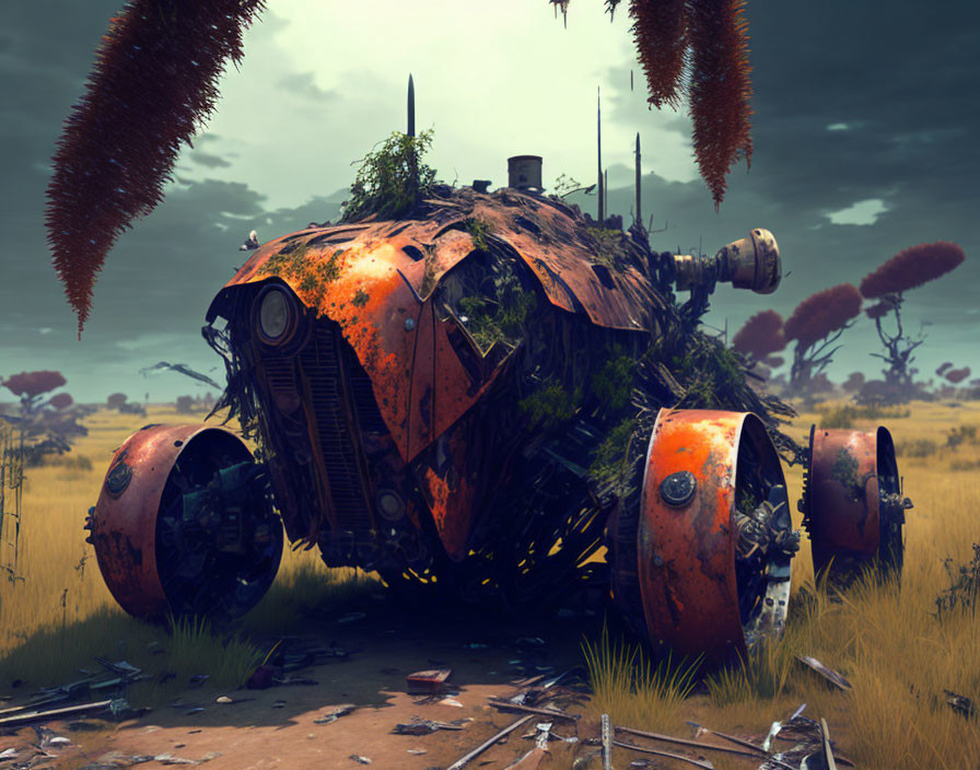 Rusty robot covered in vegetation in desolate field