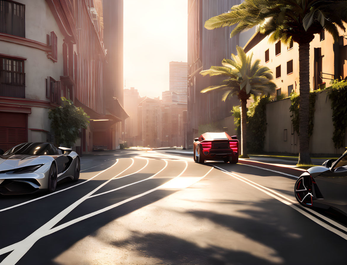 City street with modern buildings, palm trees, and sports cars under sunlight