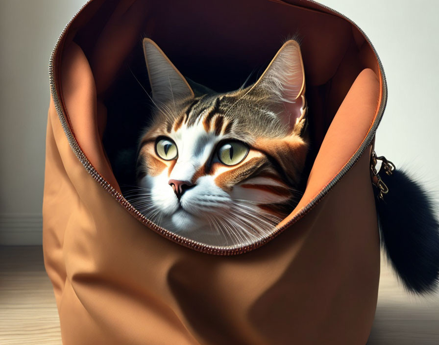 Tabby Cat with Yellow Eyes in Brown Leather Bag