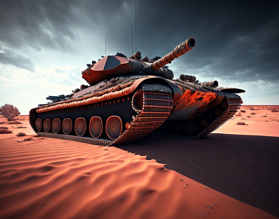 Armored battle tank in desert under dramatic sky