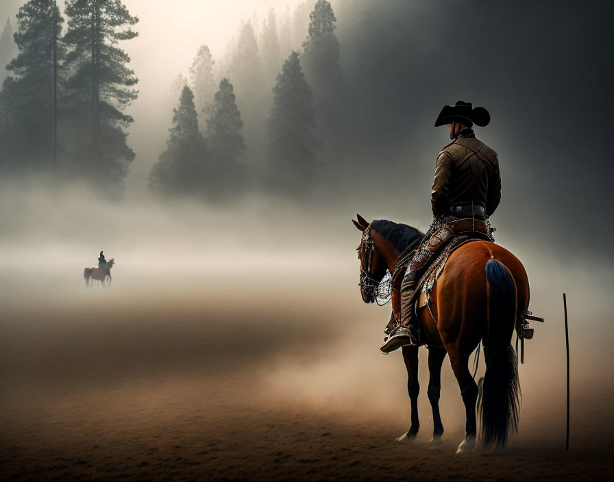 Cowboy on Horseback Observing Distant Rider in Misty Forest