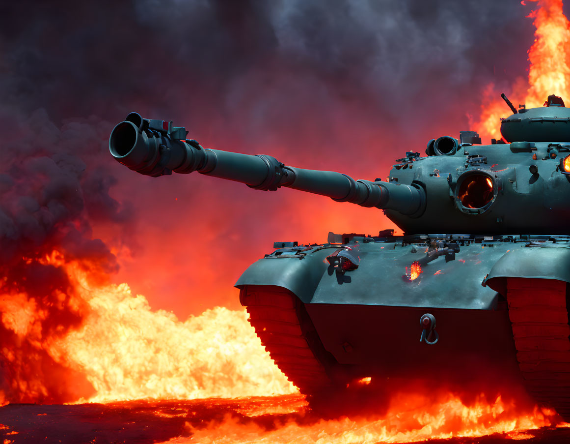 Tank positioned in front of massive fireball and smoke under reddish sky