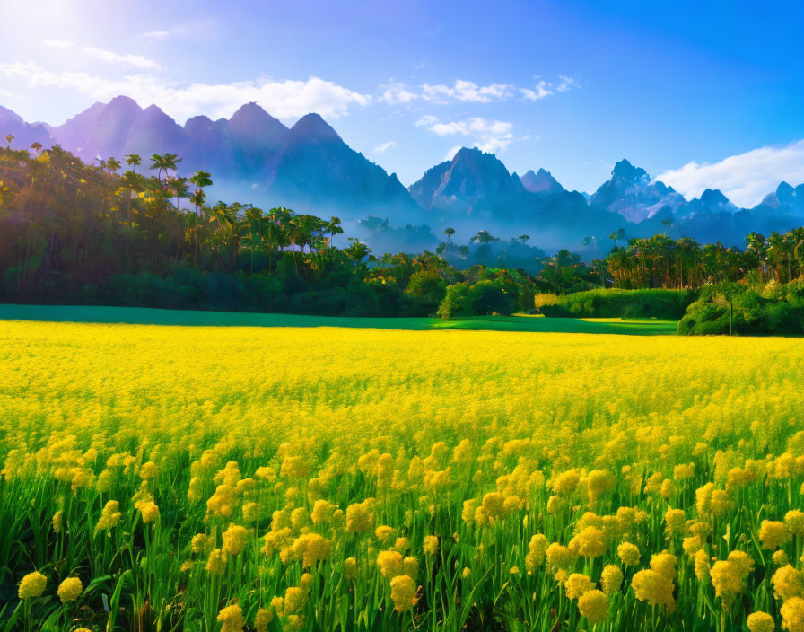 Vibrant yellow flower field with river and mountain range