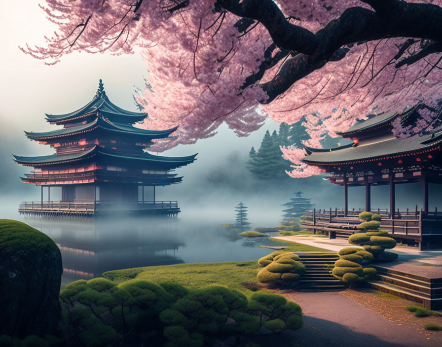 Traditional Japanese pagoda and temple in mist with cherry blossoms and green bushes