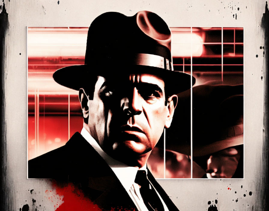 Stylized noir detective man in fedora with red and black tones