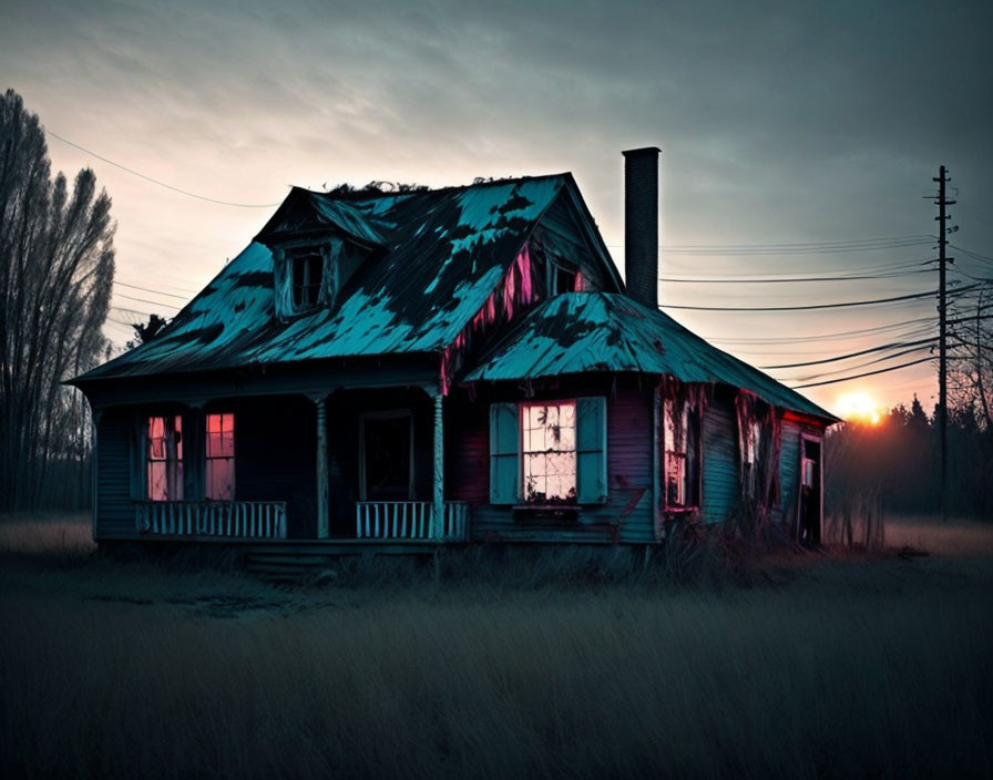 Abandoned house with peeling blue paint and overgrown grass at sunset