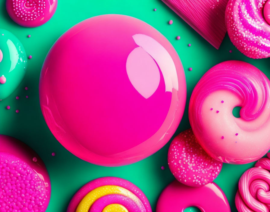 Colorful pink and yellow swirls and spheres on green background with glossy finish