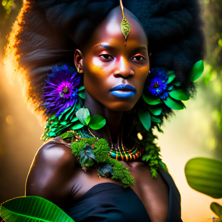 Portrait of Woman with Striking Blue Lipstick and Floral Adornments