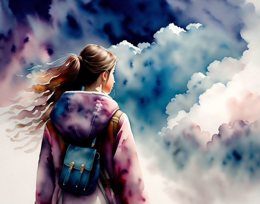 Girl with Backpack Gazing at Sky in Colorful Watercolor Style