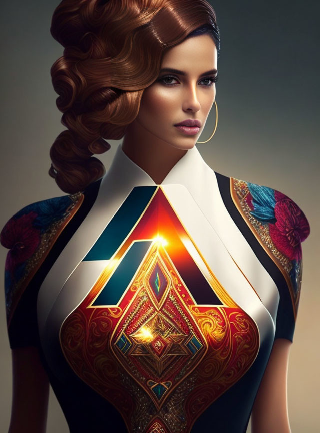 Digital Artwork: Woman with Elaborate Hair and Geometric Outfit