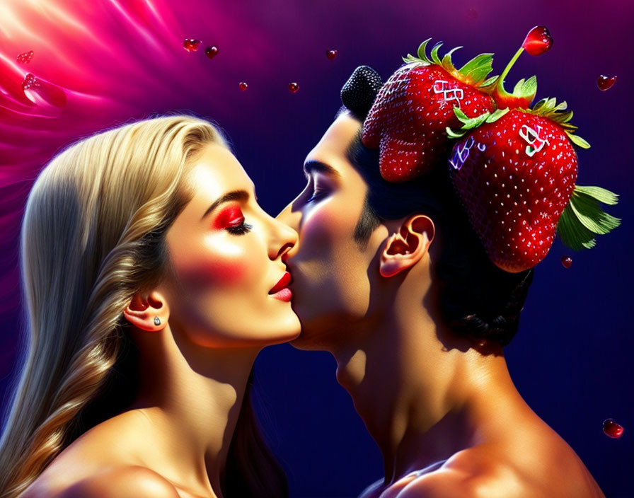 Romantic couple with floating strawberries on purple background