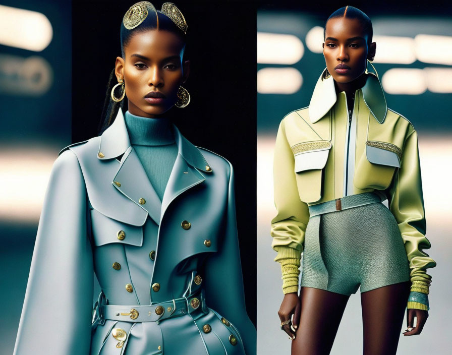 Fashion photoshoot featuring woman in blue trench coat and green/gray jacket