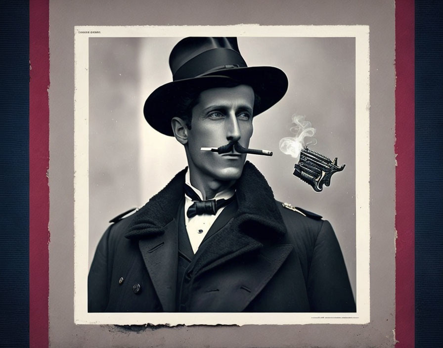 Vintage-style portrait of gentleman with bowler hat, bow tie, and smoking revolver on mustache