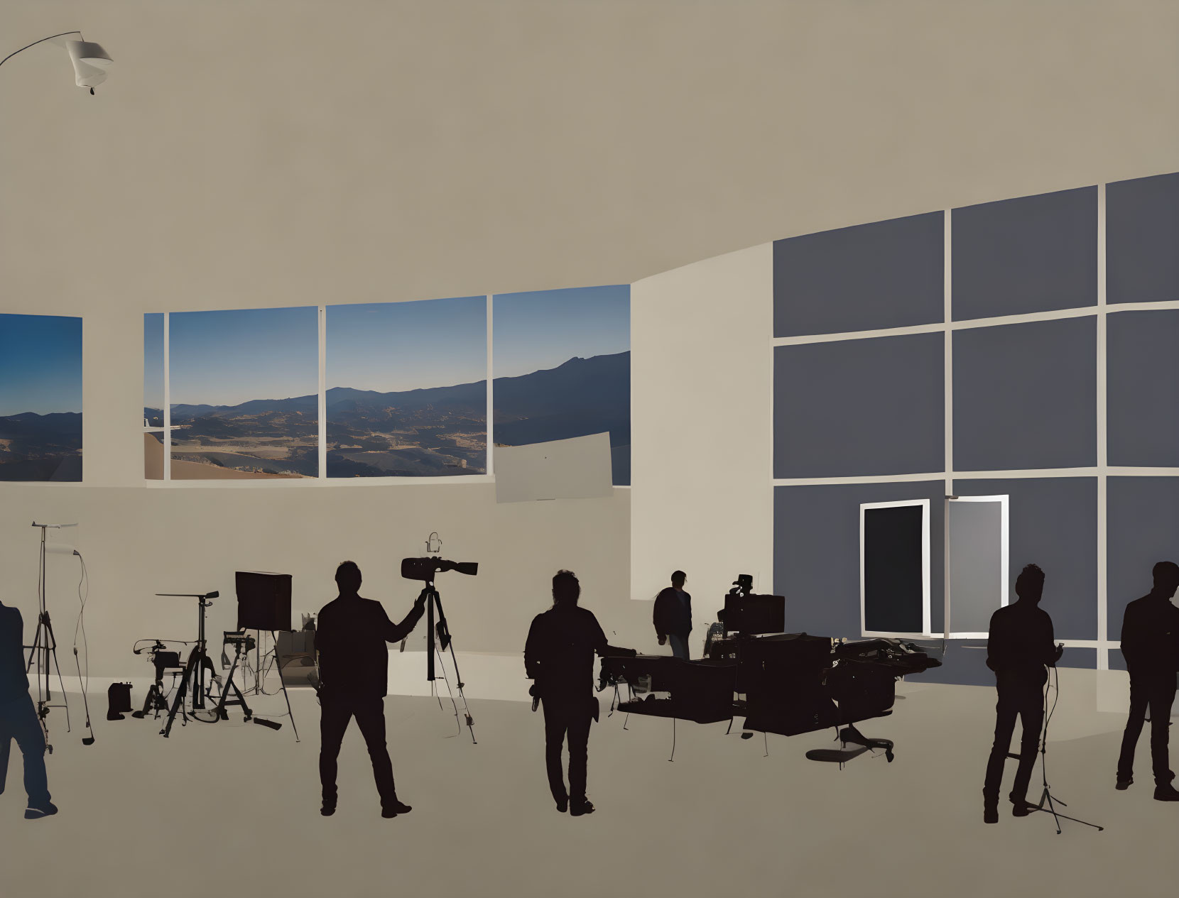 Silhouetted figures in spacious room with recording equipment and instruments