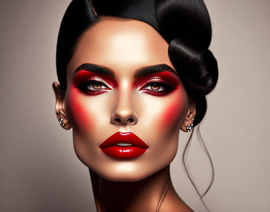 Portrait of Woman with Dramatic Red Makeup and Elegant Updo