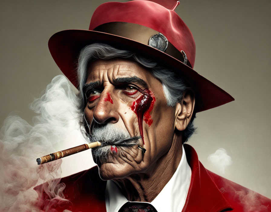 Elderly man with clown-like face, smoking cigar, red hat and suit, tear of blood