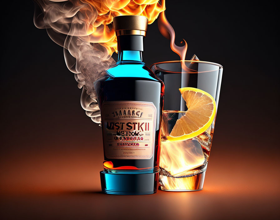 Fiery bottle beside whiskey glass with ice and orange slice