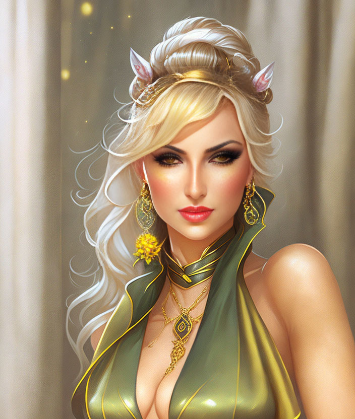 Blonde-haired female character with cat-like ears and golden eyes in green and gold attire