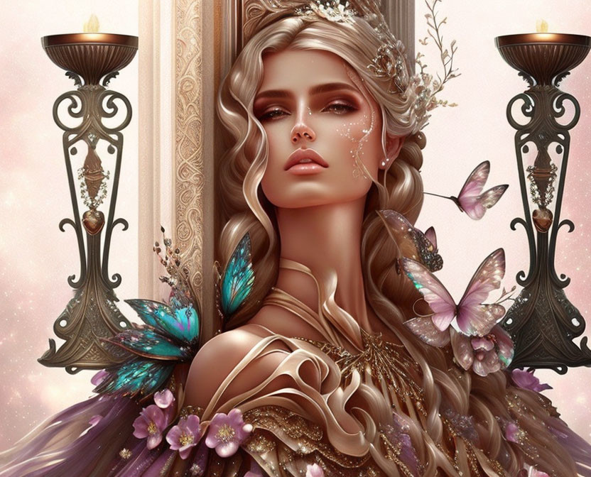 Fantasy woman in golden attire with butterflies and ornate lamps