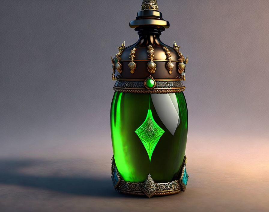 Green Potion Bottle with Golden Accents and Green Gem