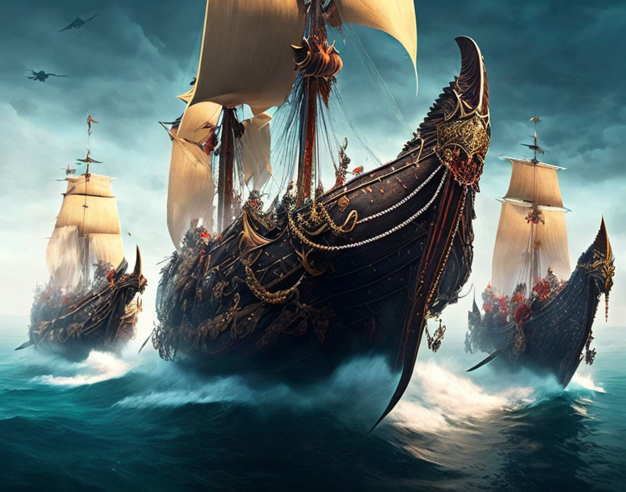 Three ornate fantasy-style ships sailing on rough seas with billowing sails and intricate designs, under a