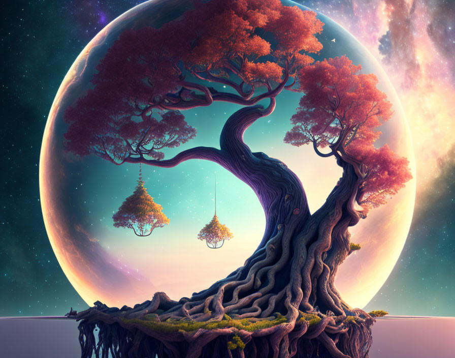 Whimsical red foliage tree on floating island with planet in starlit background