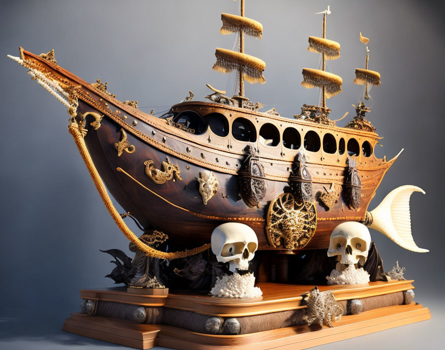 Detailed Galleon Model with Skulls and Gold Accents on Wooden Stand