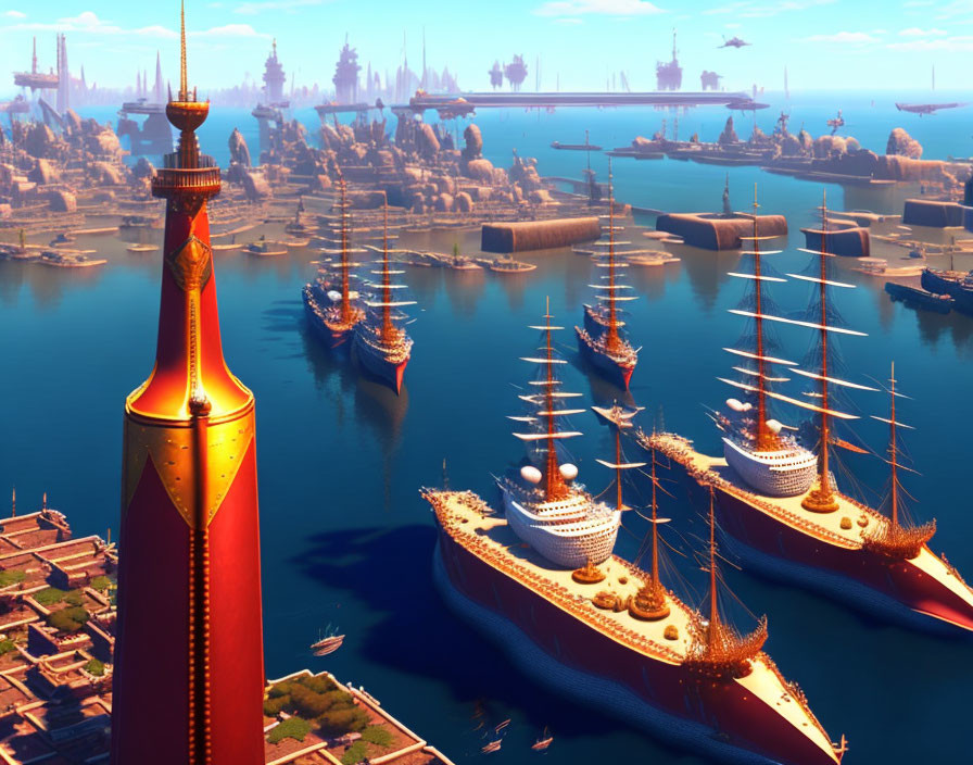 Fantastical harbor with ornate ships and towering spires in clear blue sky