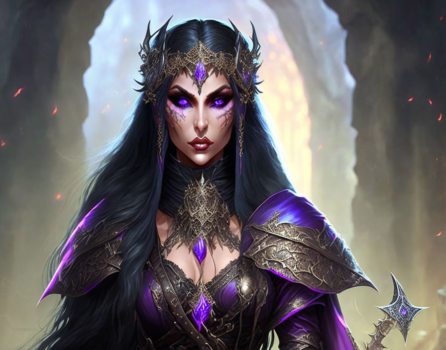 Fantasy female character in purple and gold armor with long black hair near magical portal