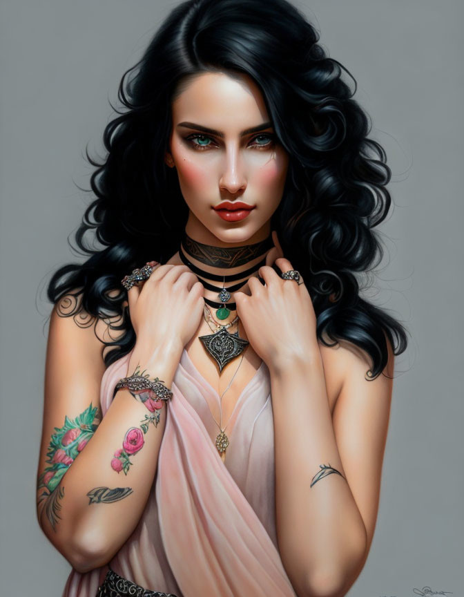 Portrait of woman with black curls, blue eyes, tattoos, pink top, choker.