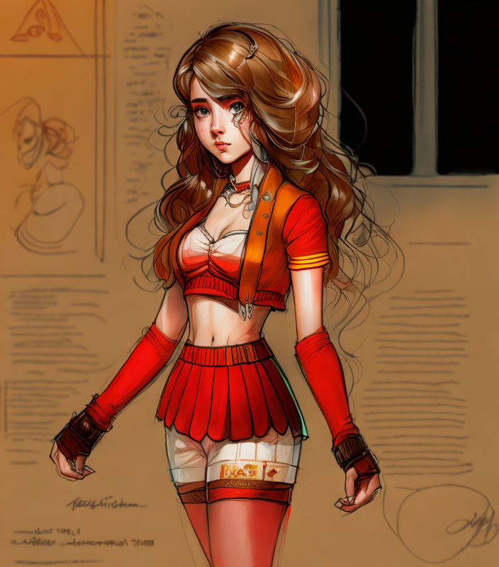 Stylized female character with long wavy hair in red outfit