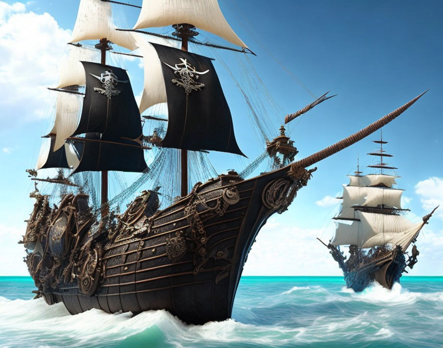 Majestic pirate ships with full sails on calm sea