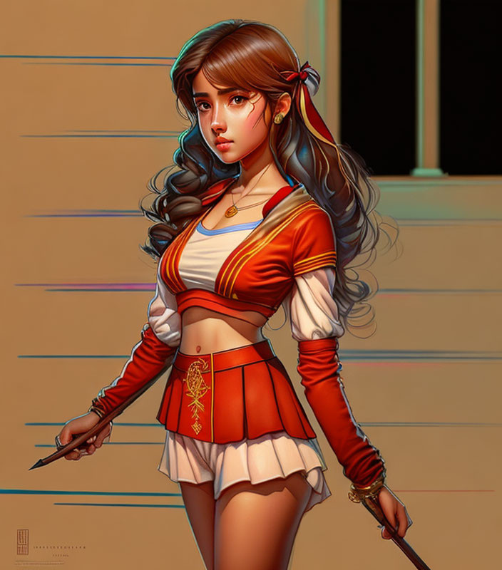 Stylized female character with brown hair and wand on tan background