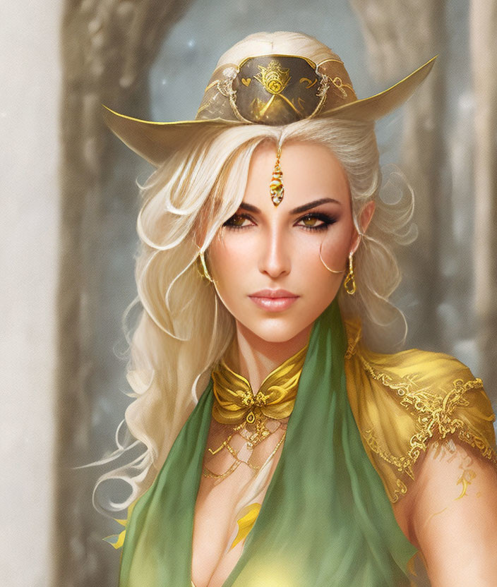 Blonde woman with golden accessories in fantasy portrait