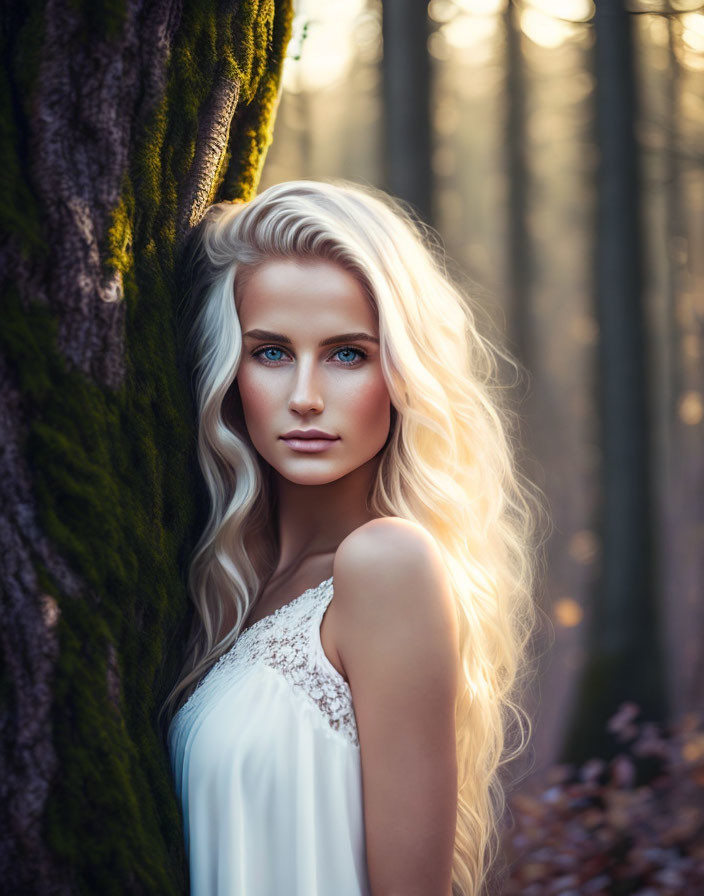 Blonde Woman with Blue Eyes Posing in Forest with Sunlight